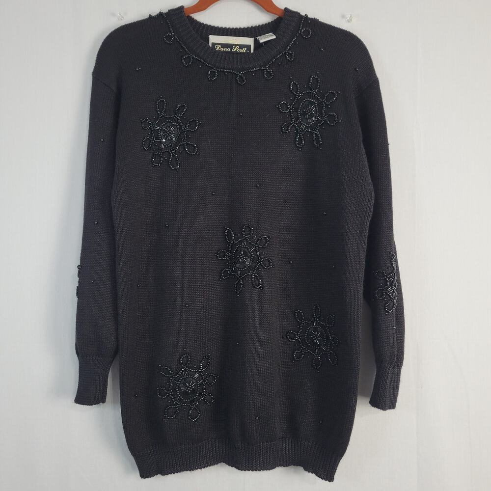 Vintage Beaded Crew Neck Pullover Sweater size S black 80s 90s ramie blend, New